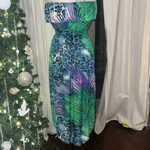 Romantic SiNi dress green blue fuchsia palm leaf animal print womens dress Large